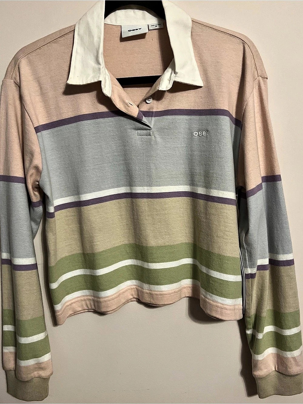 OBEY Striped Long Sleeve Polo in Pink & Green NWT